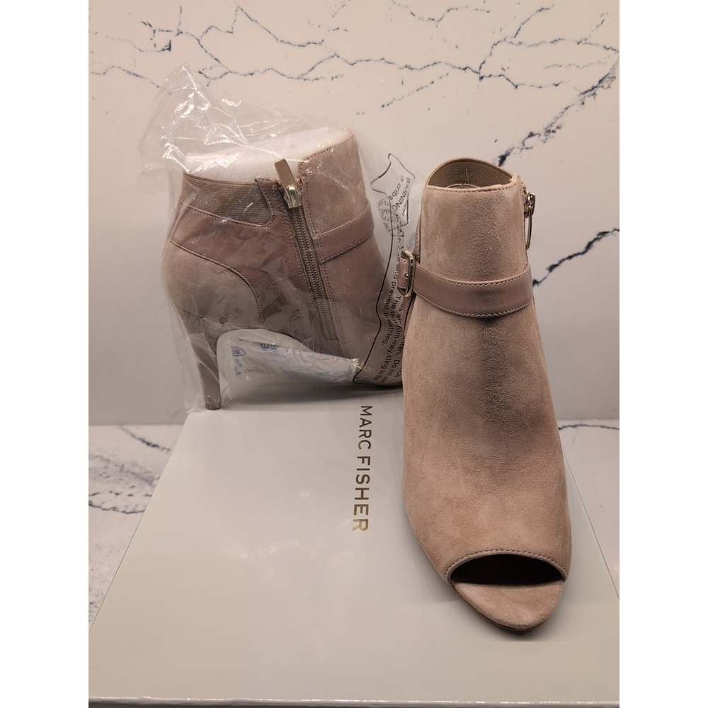 NWB Marc Fisher Size 8 M Shimmee Peep Toe Suede Light Brown Tan Heeled Bootie